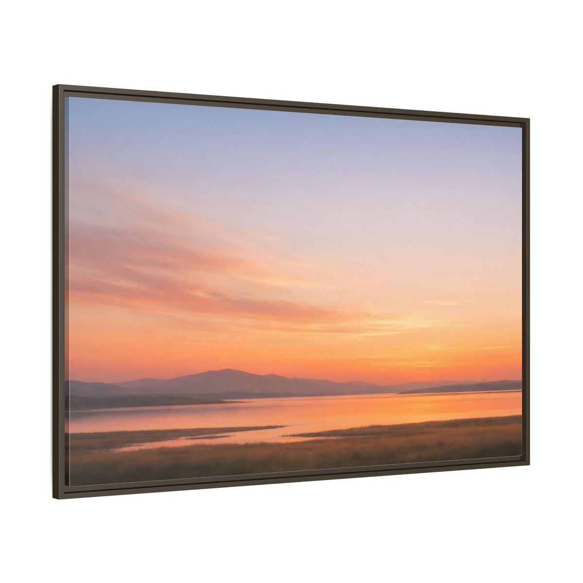 Side Mockup 8. Nature Sunset Lake Orange Sunset Lake shown as stretched canvas wall art