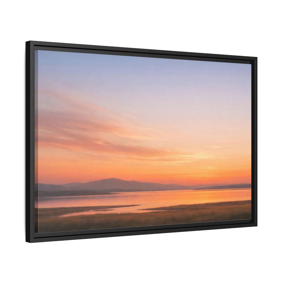 Side Mockup 14. Nature Sunset Lake Orange Sunset Lake shown as stretched canvas wall art