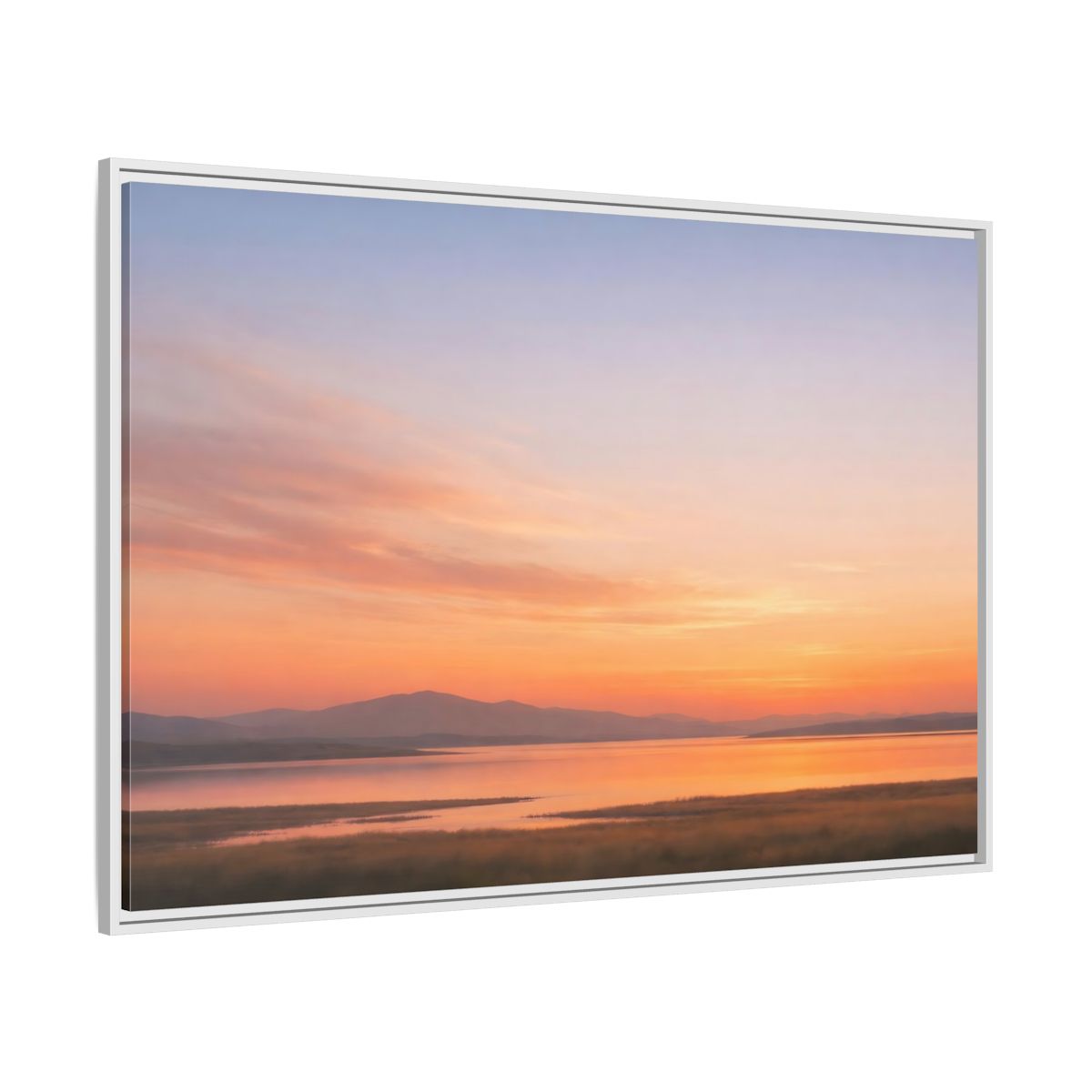 Side Mockup 7. Nature Sunset Lake Orange Sunset Lake shown as stretched canvas wall art