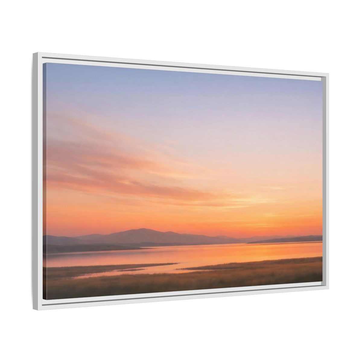 Side Mockup 9. Nature Sunset Lake Orange Sunset Lake shown as stretched canvas wall art