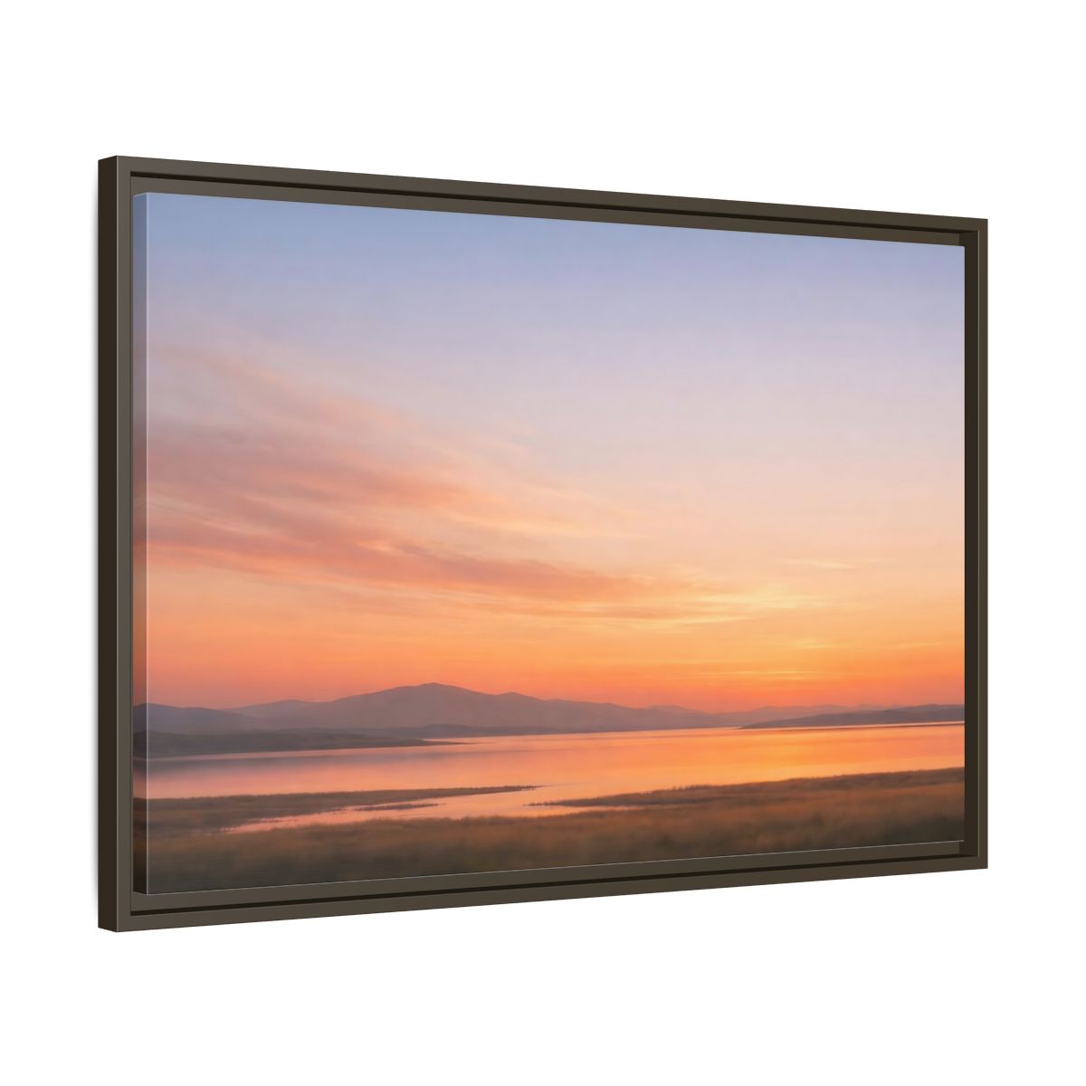 Side Mockup 11. Nature Sunset Lake Orange Sunset Lake shown as stretched canvas wall art