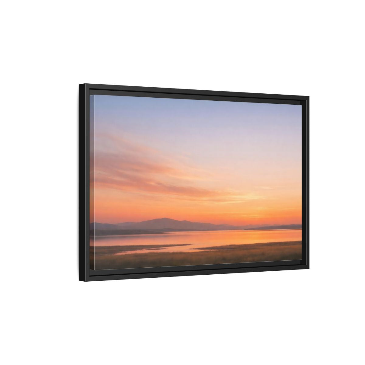 Side Mockup 3. Nature Sunset Lake Orange Sunset Lake shown as stretched canvas wall art