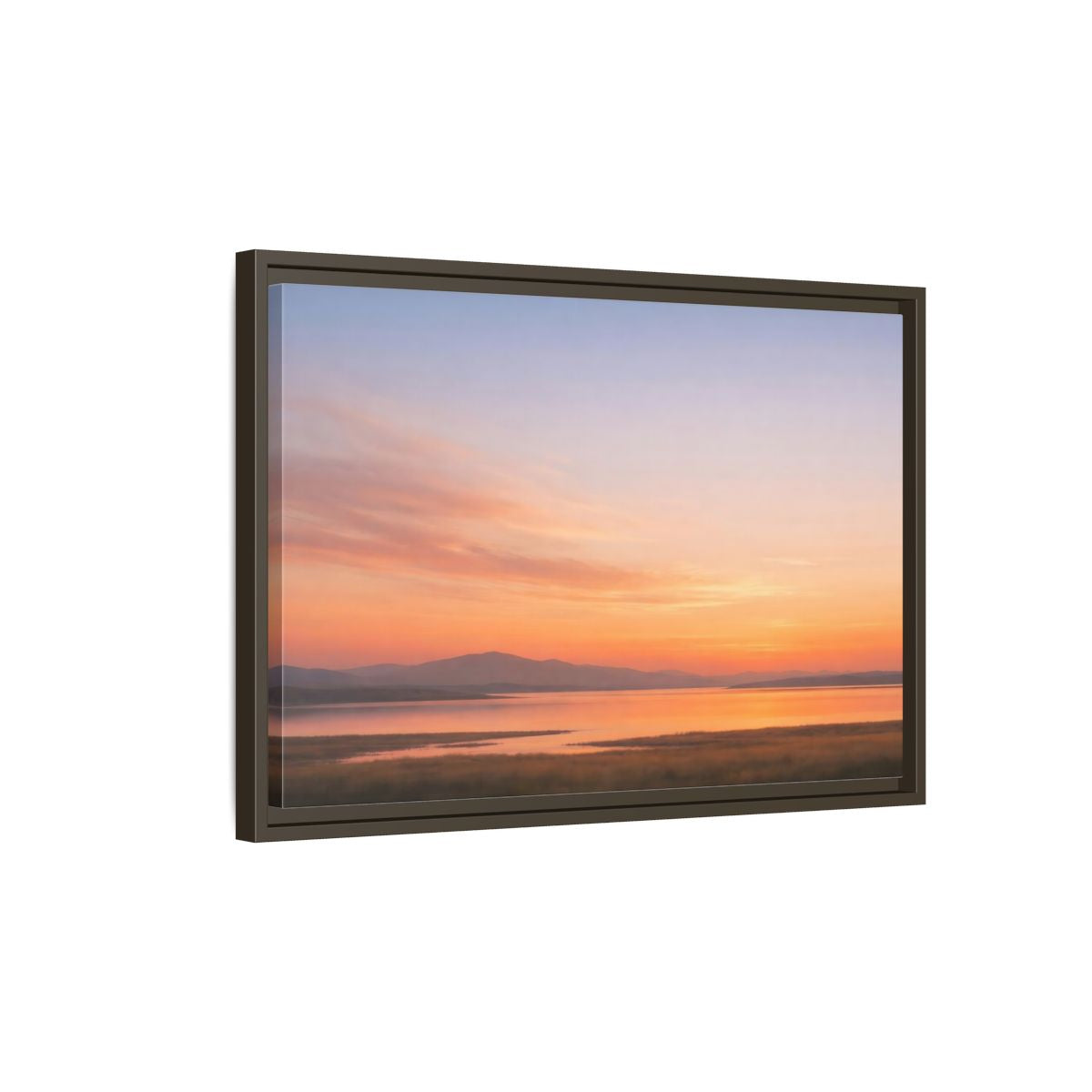Side Mockup 2. Nature Sunset Lake Orange Sunset Lake shown as stretched canvas wall art