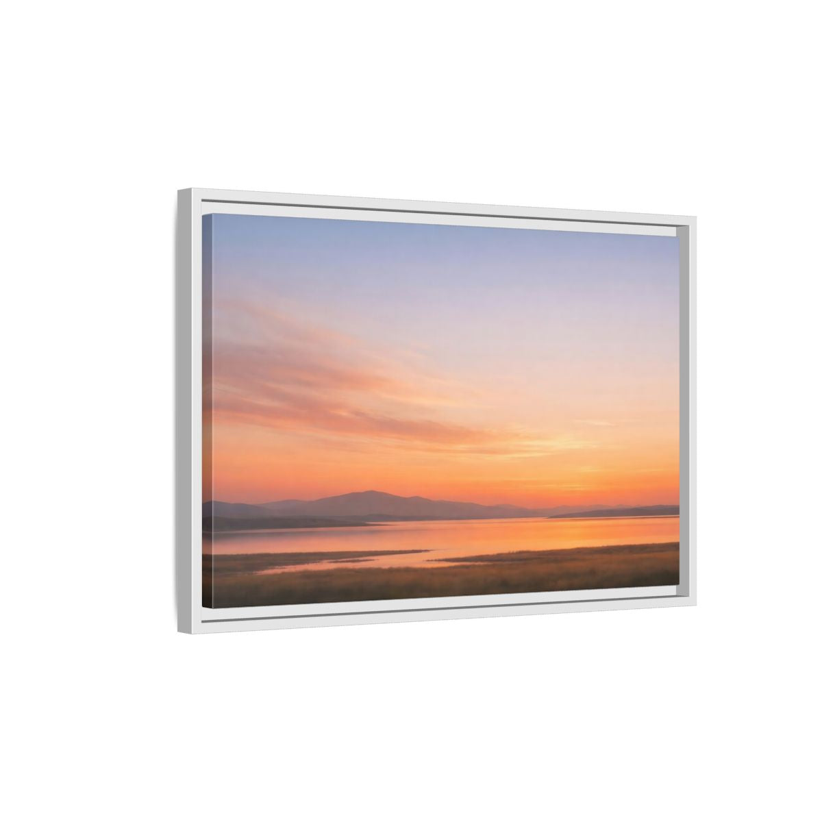 Side Mockup 1. Nature Sunset Lake Orange Sunset Lake shown as stretched canvas wall art