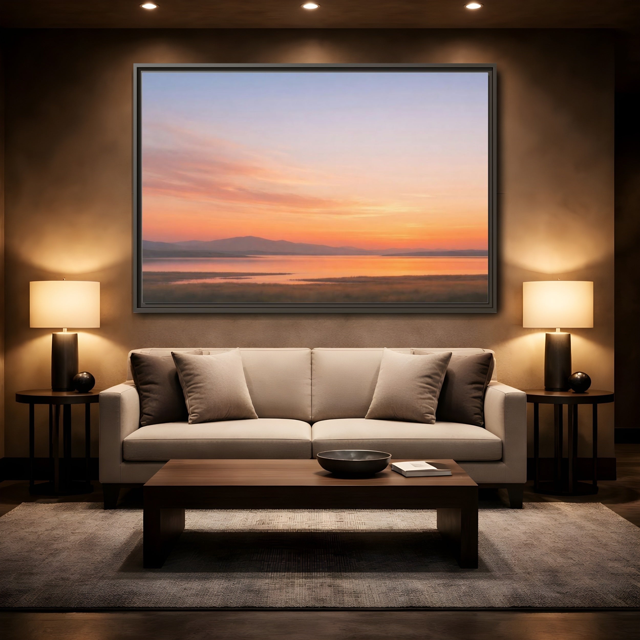 Mockup 2. Nature Sunset Lake Orange Sunset Lake shown as stretched canvas wall art