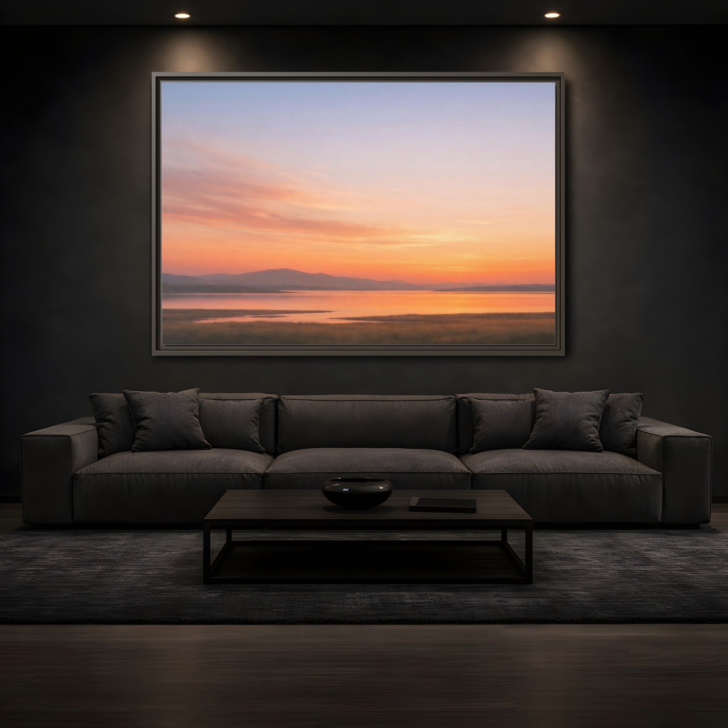 Mockup 3. Nature Sunset Lake Orange Sunset Lake shown as stretched canvas wall art