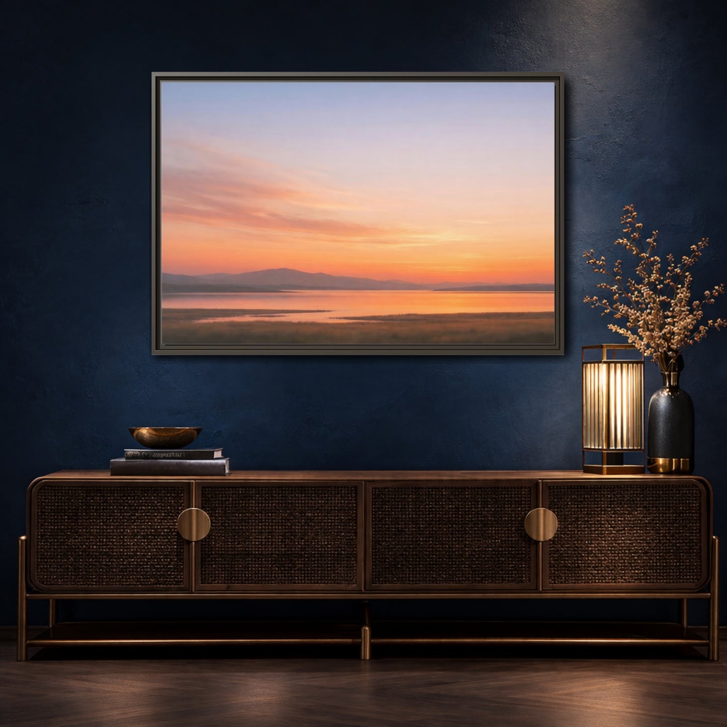 Mockup 4. Nature Sunset Lake Orange Sunset Lake shown as stretched canvas wall art