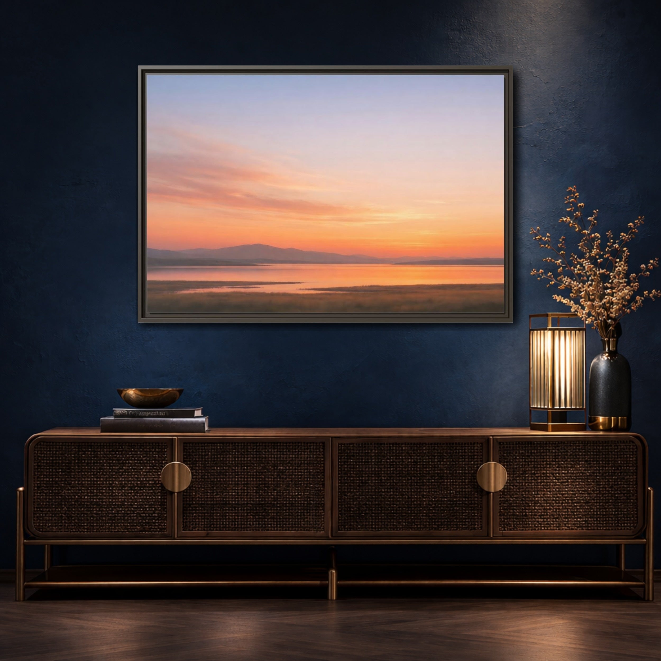 Mockup 4. Nature Sunset Lake Orange Sunset Lake shown as stretched canvas wall art