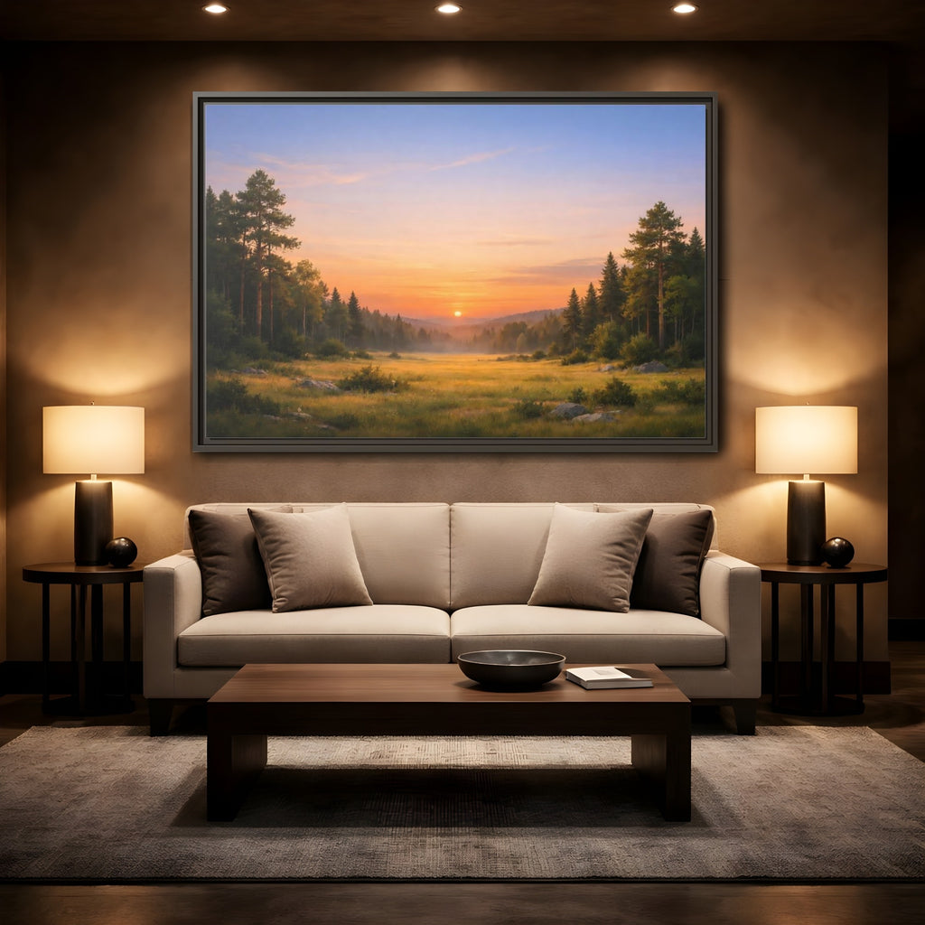Mockup 2. Nature Sunset Landscape Golden Sunset Landscape shown as stretched canvas wall art