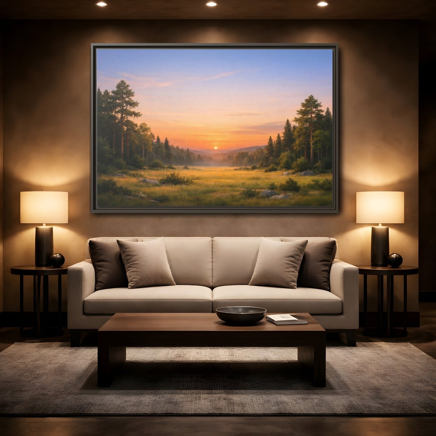 Mockup 2. Nature Sunset Landscape Golden Sunset Landscape shown as stretched canvas wall art