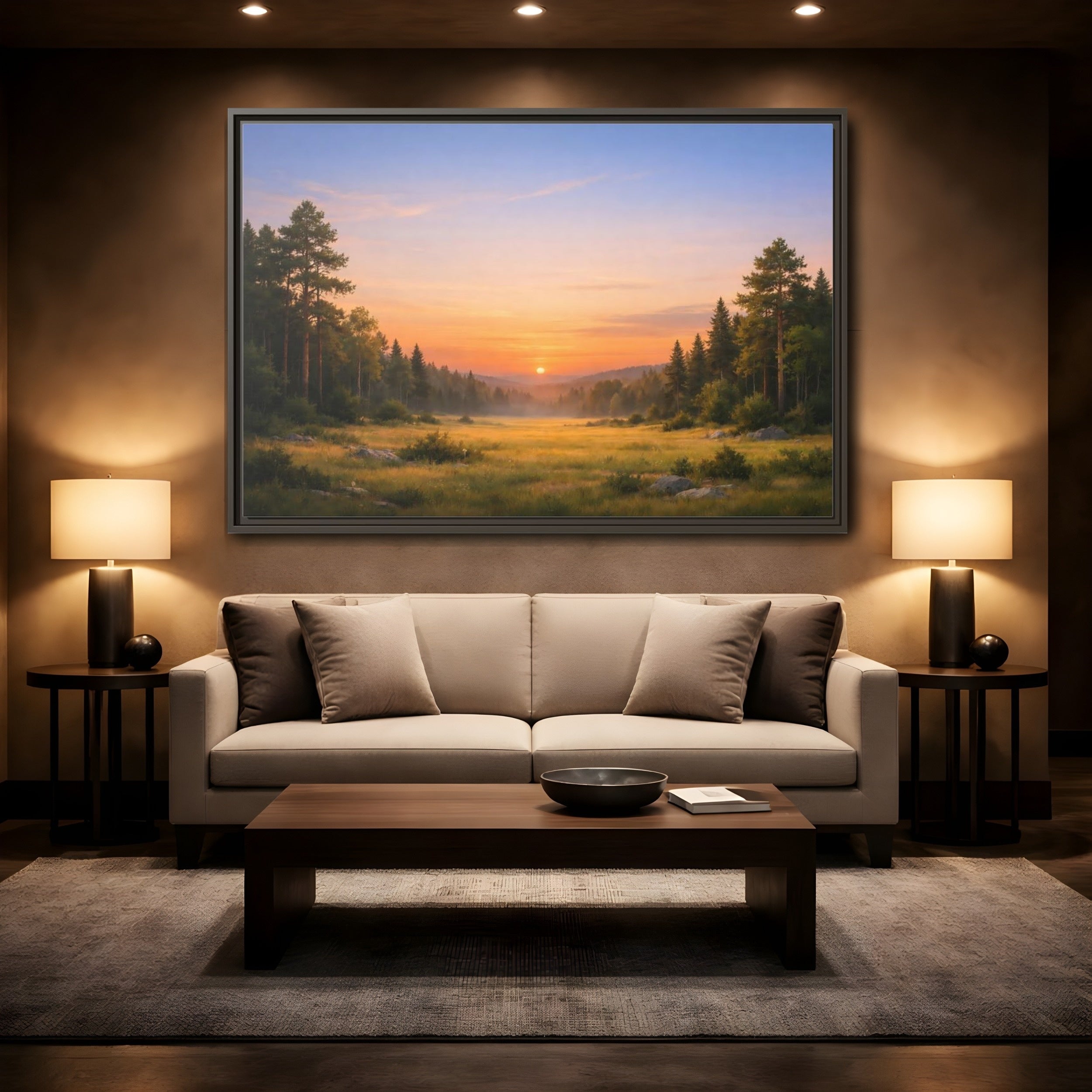Mockup 2. Nature Sunset Landscape Golden Sunset Landscape shown as stretched canvas wall art