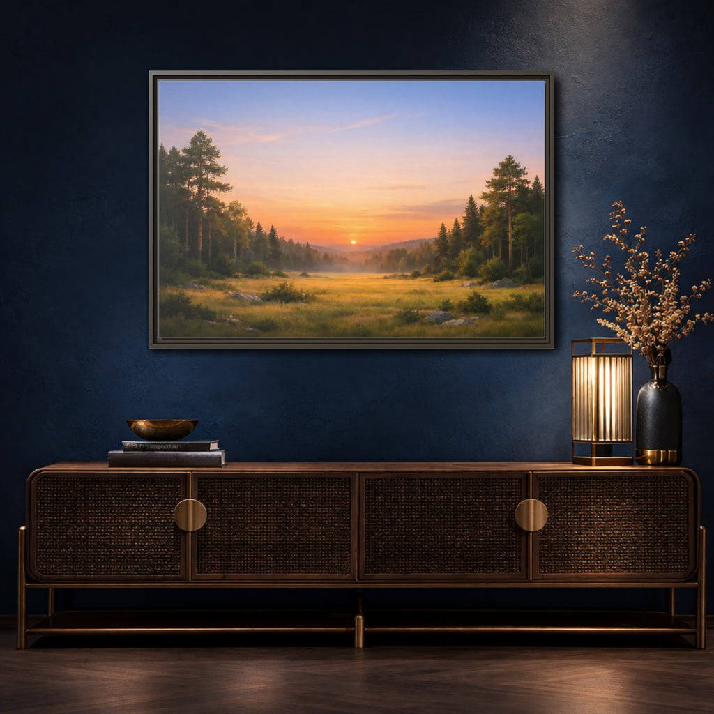 Mockup 4. Nature Sunset Landscape Golden Sunset Landscape shown as stretched canvas wall art
