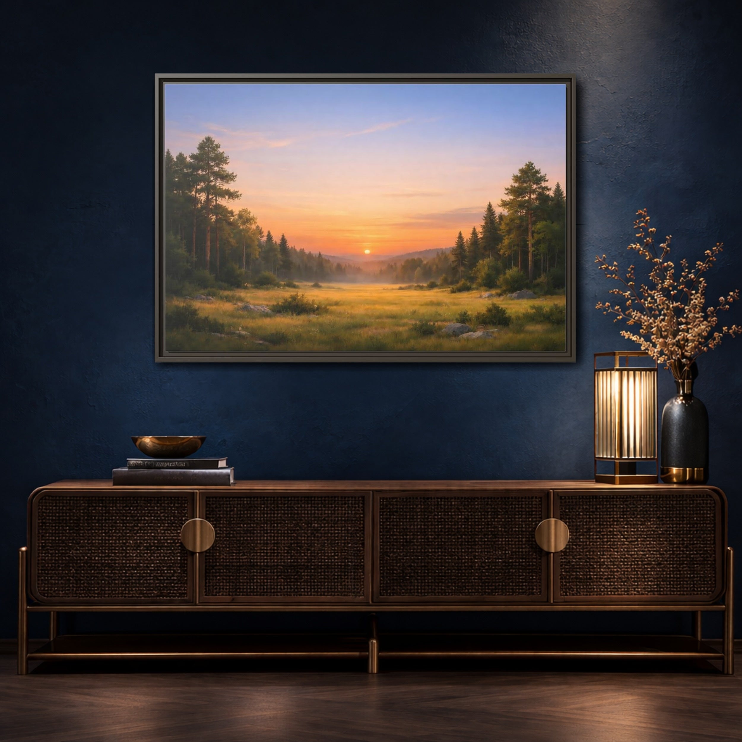 Mockup 4. Nature Sunset Landscape Golden Sunset Landscape shown as stretched canvas wall art