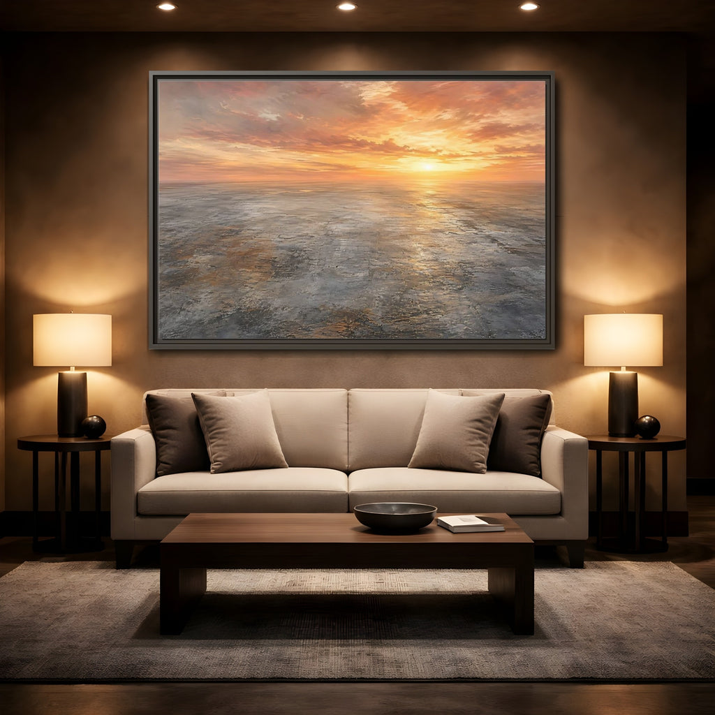 Mockup 2. Nature Sunset Landscape Orange Sunset shown as stretched canvas wall art