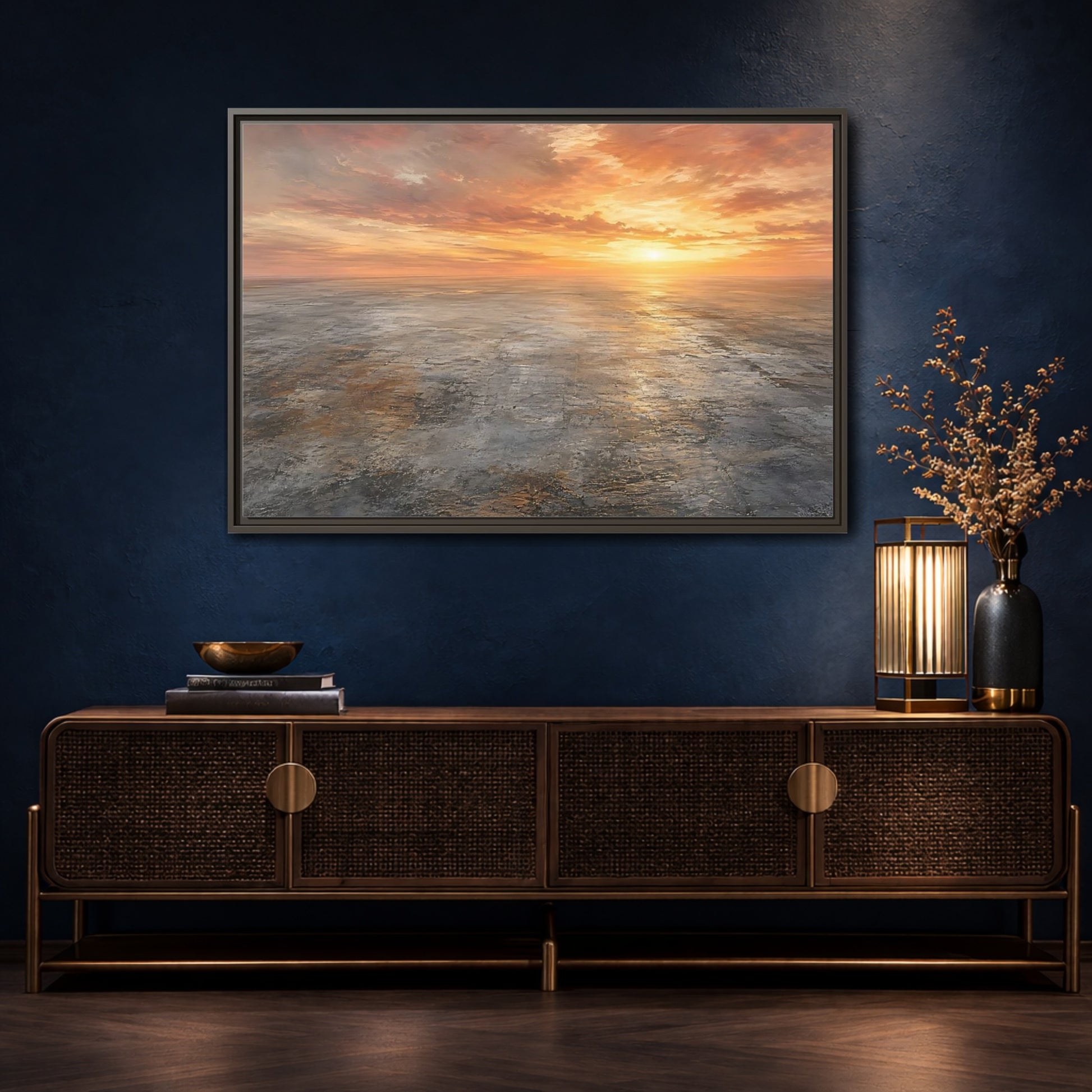 Mockup 4. Nature Sunset Landscape Orange Sunset shown as stretched canvas wall art