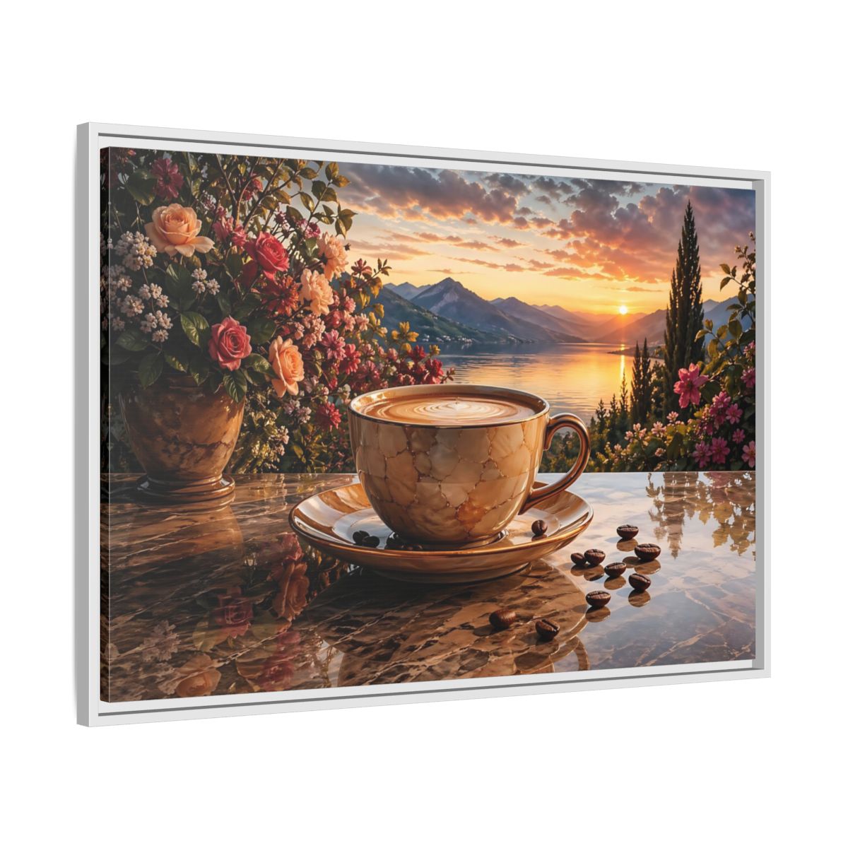 Side Mockup 9. Nature Sunset Landscape Warm Sunset Coffee shown as stretched canvas wall art