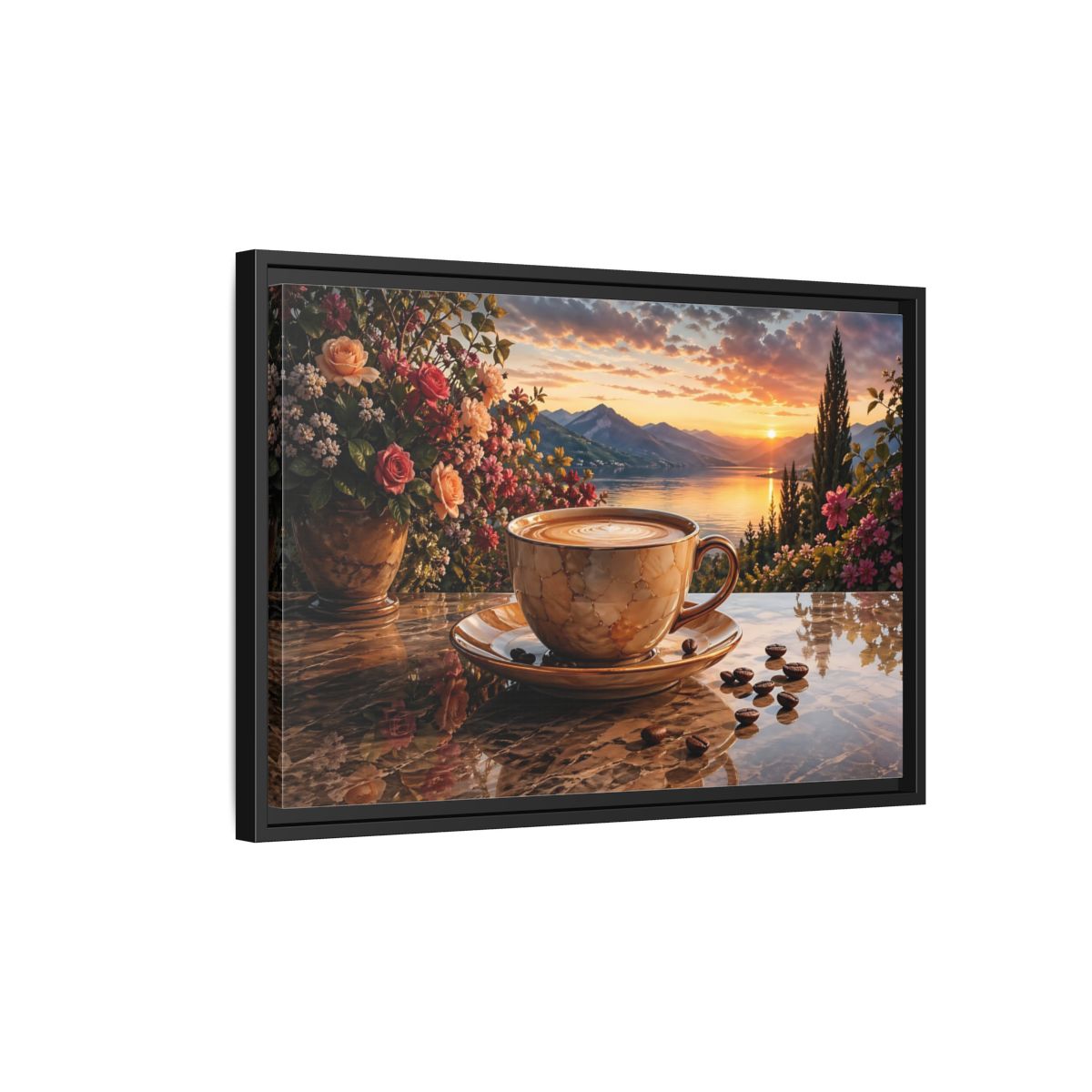 Side Mockup 3. Nature Sunset Landscape Warm Sunset Coffee shown as stretched canvas wall art