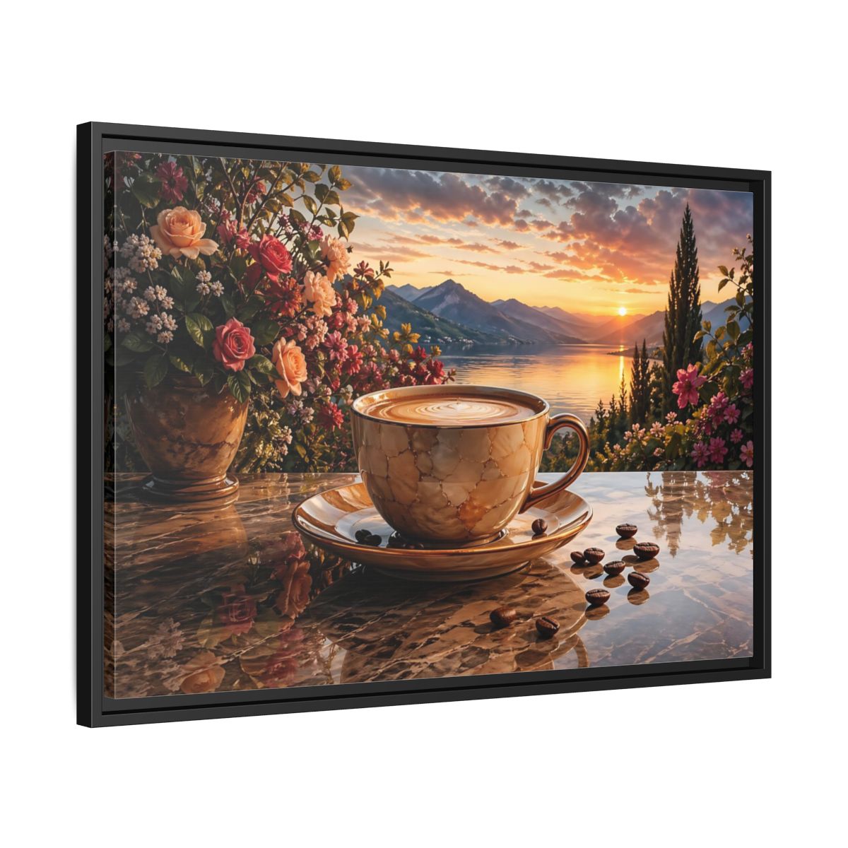 Side Mockup 14. Nature Sunset Landscape Warm Sunset Coffee shown as stretched canvas wall art