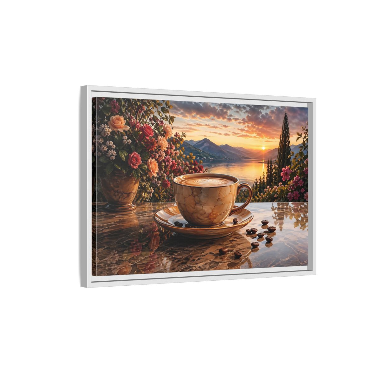 Side Mockup 1. Nature Sunset Landscape Warm Sunset Coffee shown as stretched canvas wall art