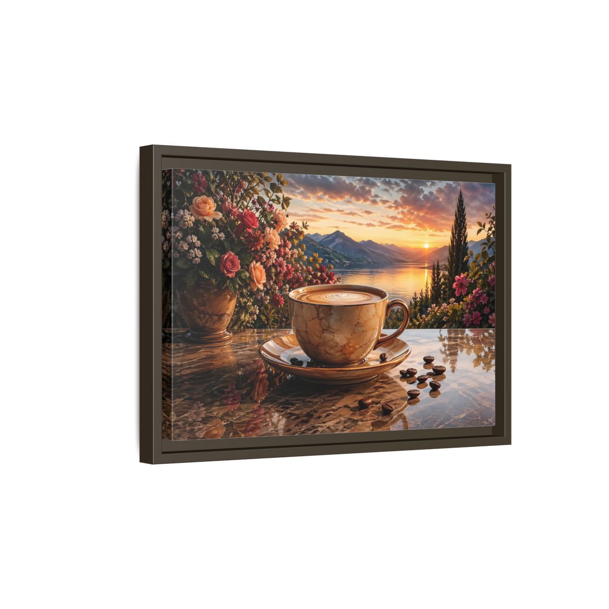 Side Mockup 5. Nature Sunset Landscape Warm Sunset Coffee shown as stretched canvas wall art