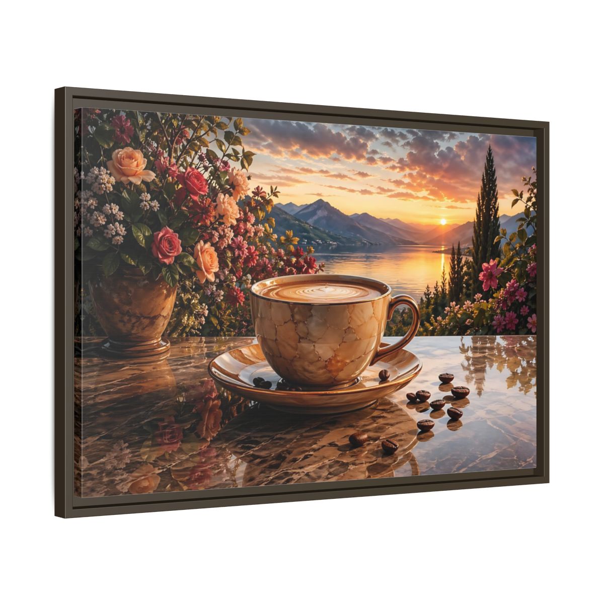 Side Mockup 11. Nature Sunset Landscape Warm Sunset Coffee shown as stretched canvas wall art