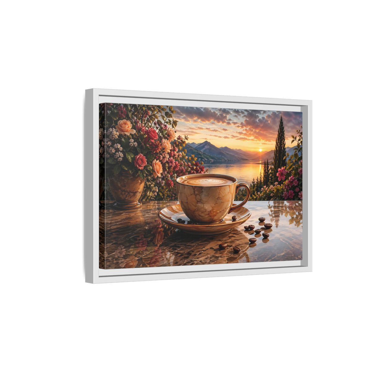 Side Mockup 4. Nature Sunset Landscape Warm Sunset Coffee shown as stretched canvas wall art
