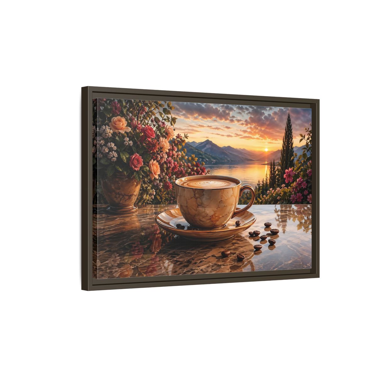 Side Mockup 2. Nature Sunset Landscape Warm Sunset Coffee shown as stretched canvas wall art