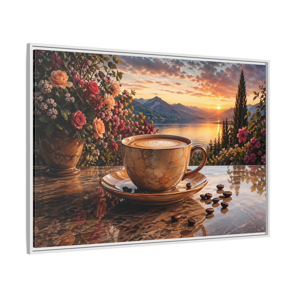 Side Mockup 7. Nature Sunset Landscape Warm Sunset Coffee shown as stretched canvas wall art