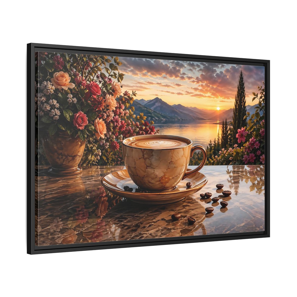 Side Mockup 13. Nature Sunset Landscape Warm Sunset Coffee shown as stretched canvas wall art