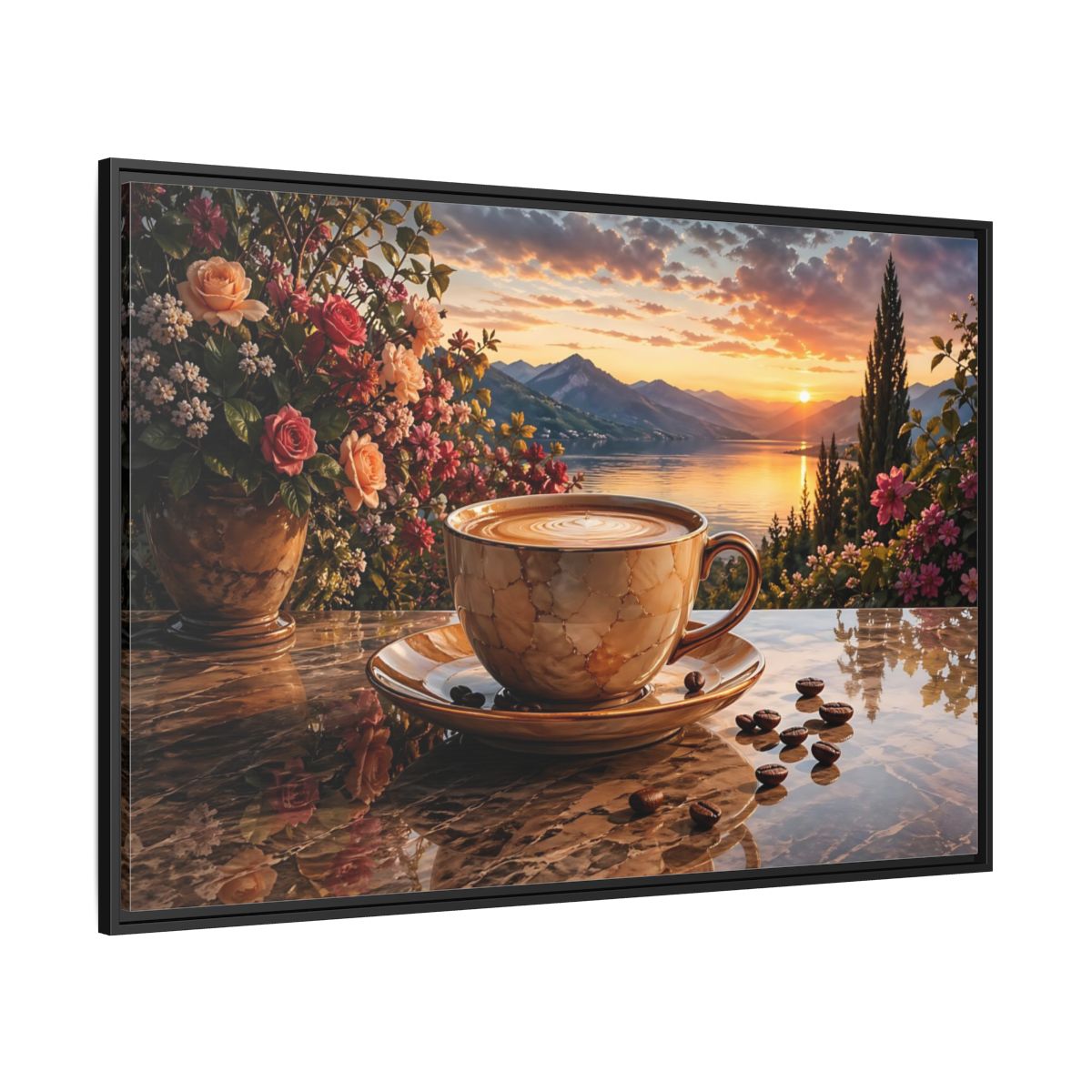 Side Mockup 12. Nature Sunset Landscape Warm Sunset Coffee shown as stretched canvas wall art
