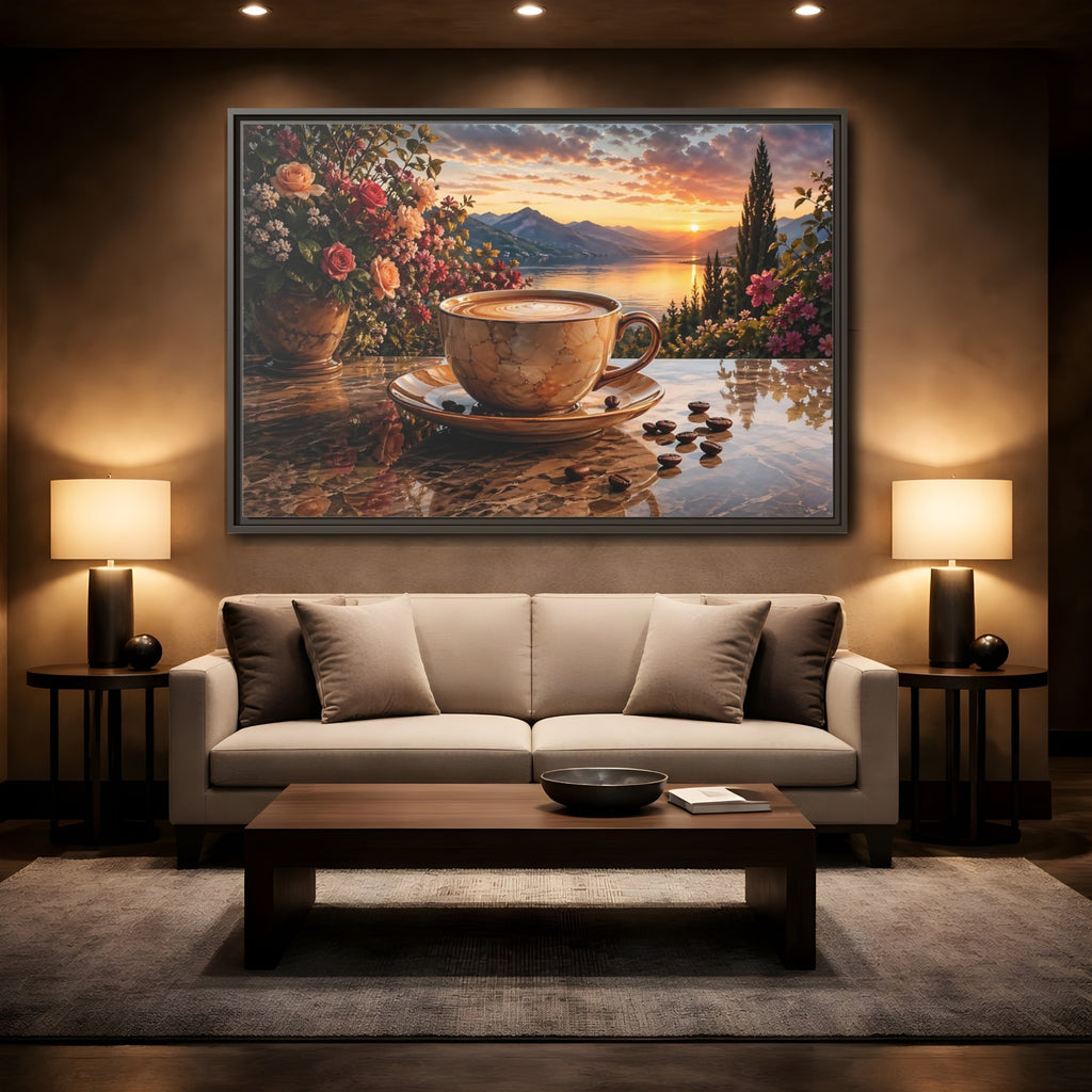 Mockup 2. Nature Sunset Landscape Warm Sunset Coffee shown as stretched canvas wall art