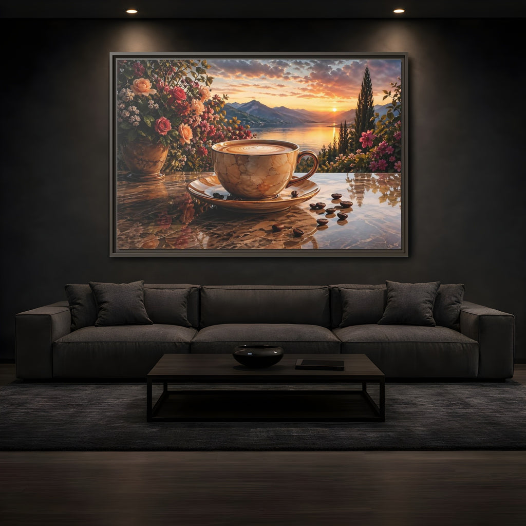 Mockup 3. Nature Sunset Landscape Warm Sunset Coffee shown as stretched canvas wall art
