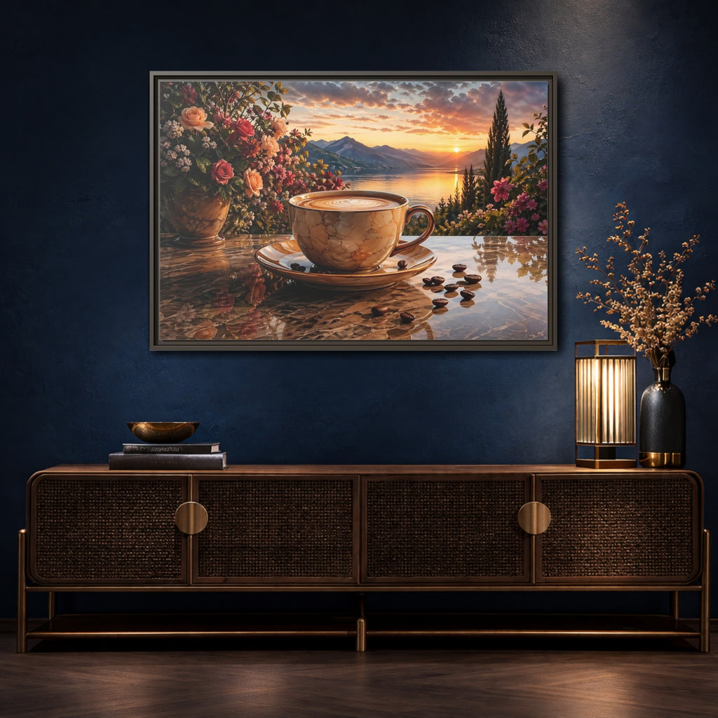 Mockup 4. Nature Sunset Landscape Warm Sunset Coffee shown as stretched canvas wall art