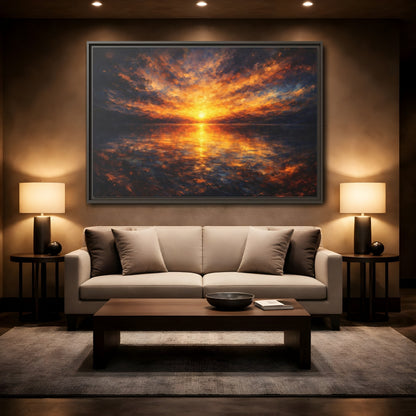 Mockup 2. Nature Sunset Orange And Blue shown as stretched canvas wall art