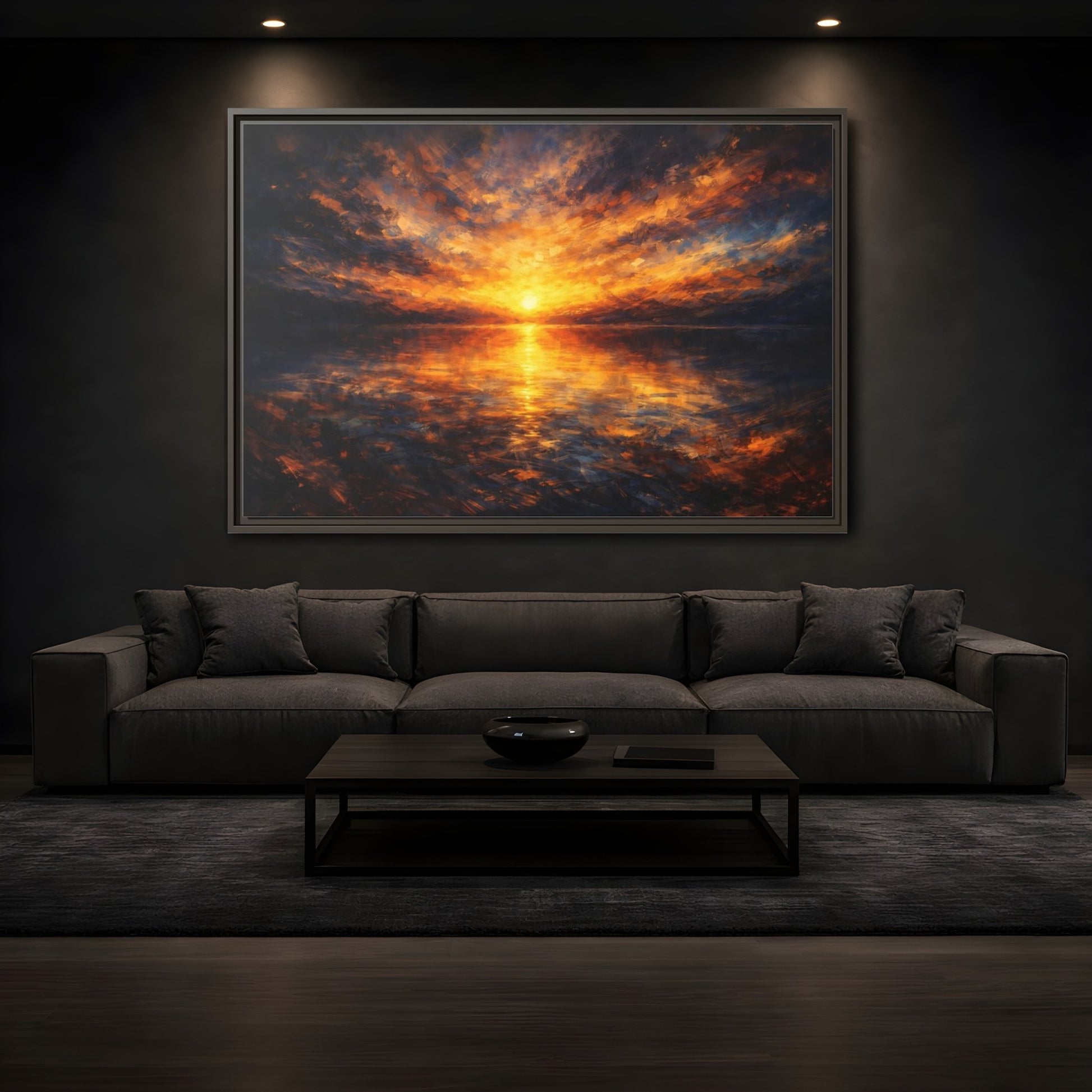 Mockup 3. Nature Sunset Orange And Blue shown as stretched canvas wall art