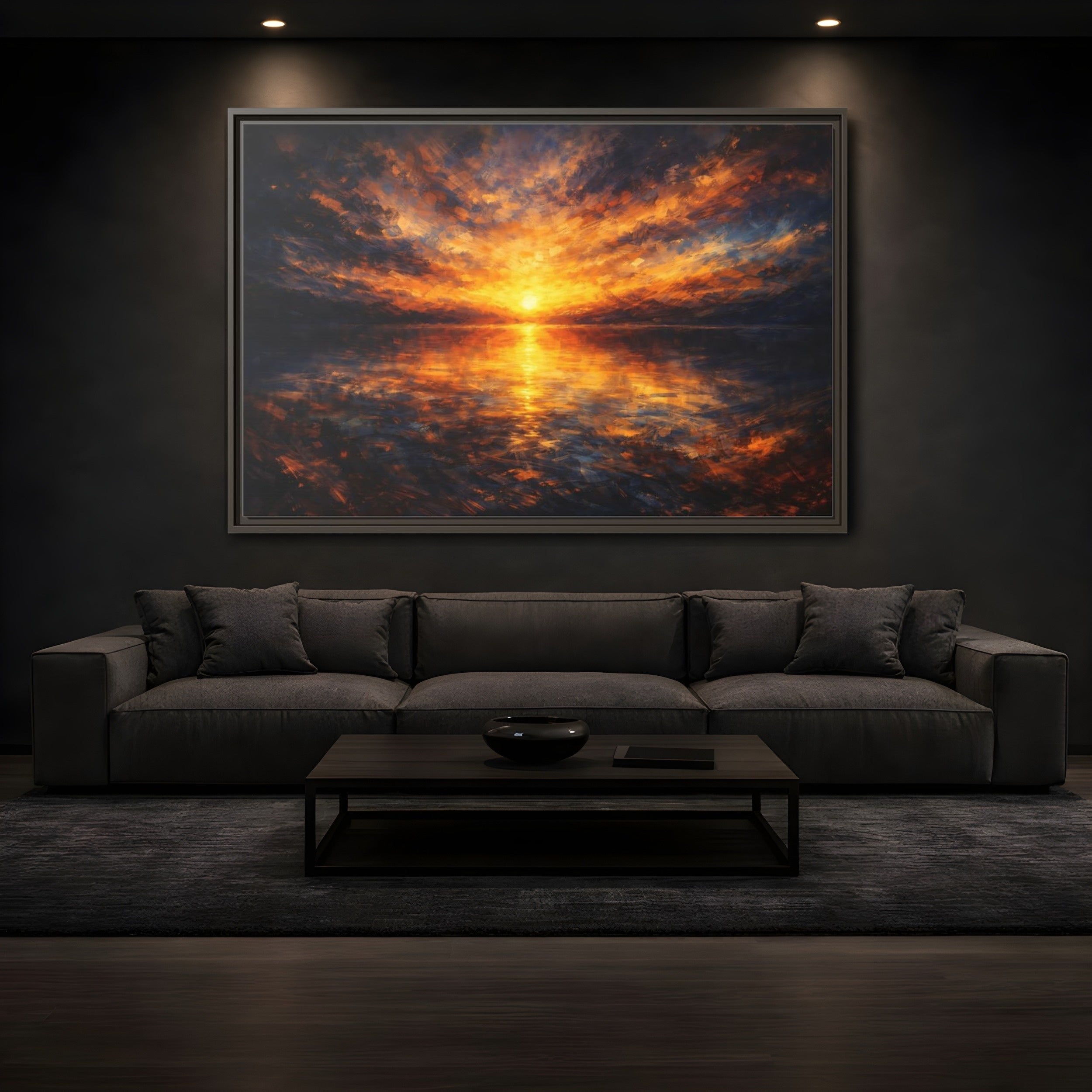 Mockup 3. Nature Sunset Orange And Blue shown as stretched canvas wall art
