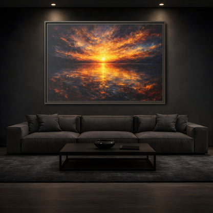 Mockup 3. Nature Sunset Orange And Blue shown as stretched canvas wall art