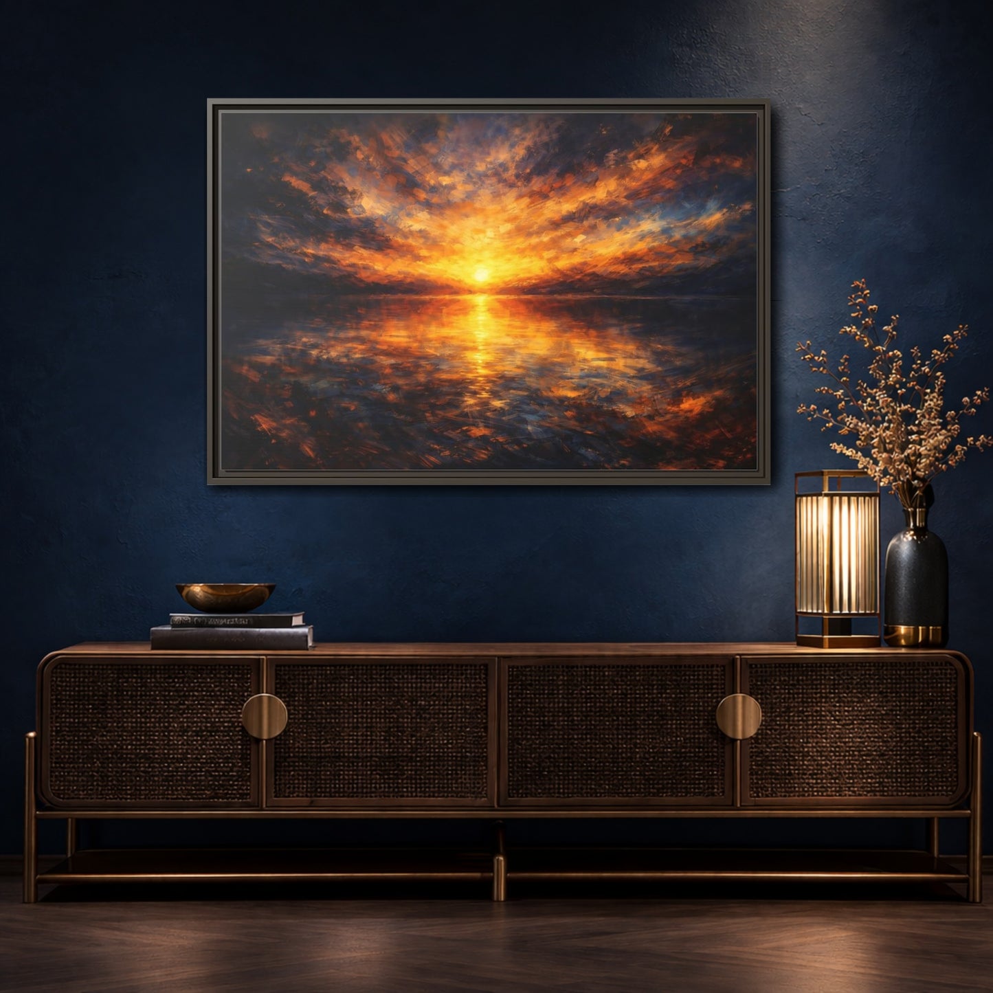 Mockup 4. Nature Sunset Orange And Blue shown as stretched canvas wall art