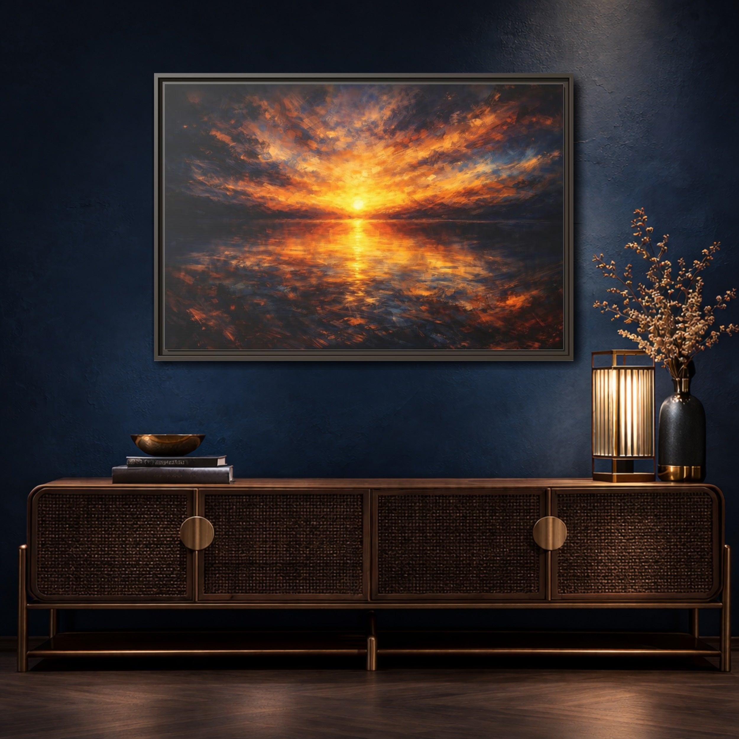 Mockup 4. Nature Sunset Orange And Blue shown as stretched canvas wall art