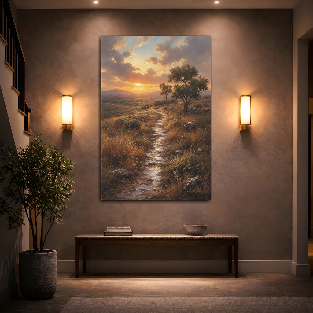 Mockup 2. Nature Sunset Path Golden Sunset Path shown as stretched canvas wall art
