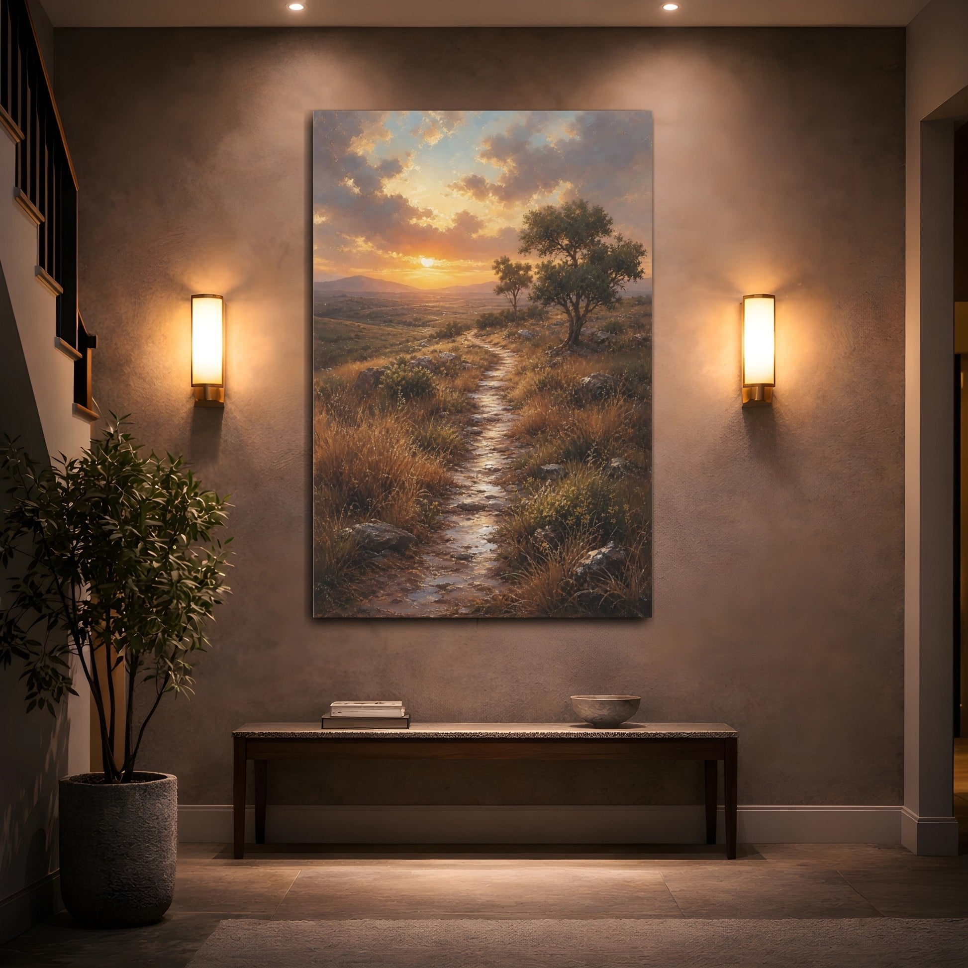 Mockup 2. Nature Sunset Path Golden Sunset Path shown as stretched canvas wall art