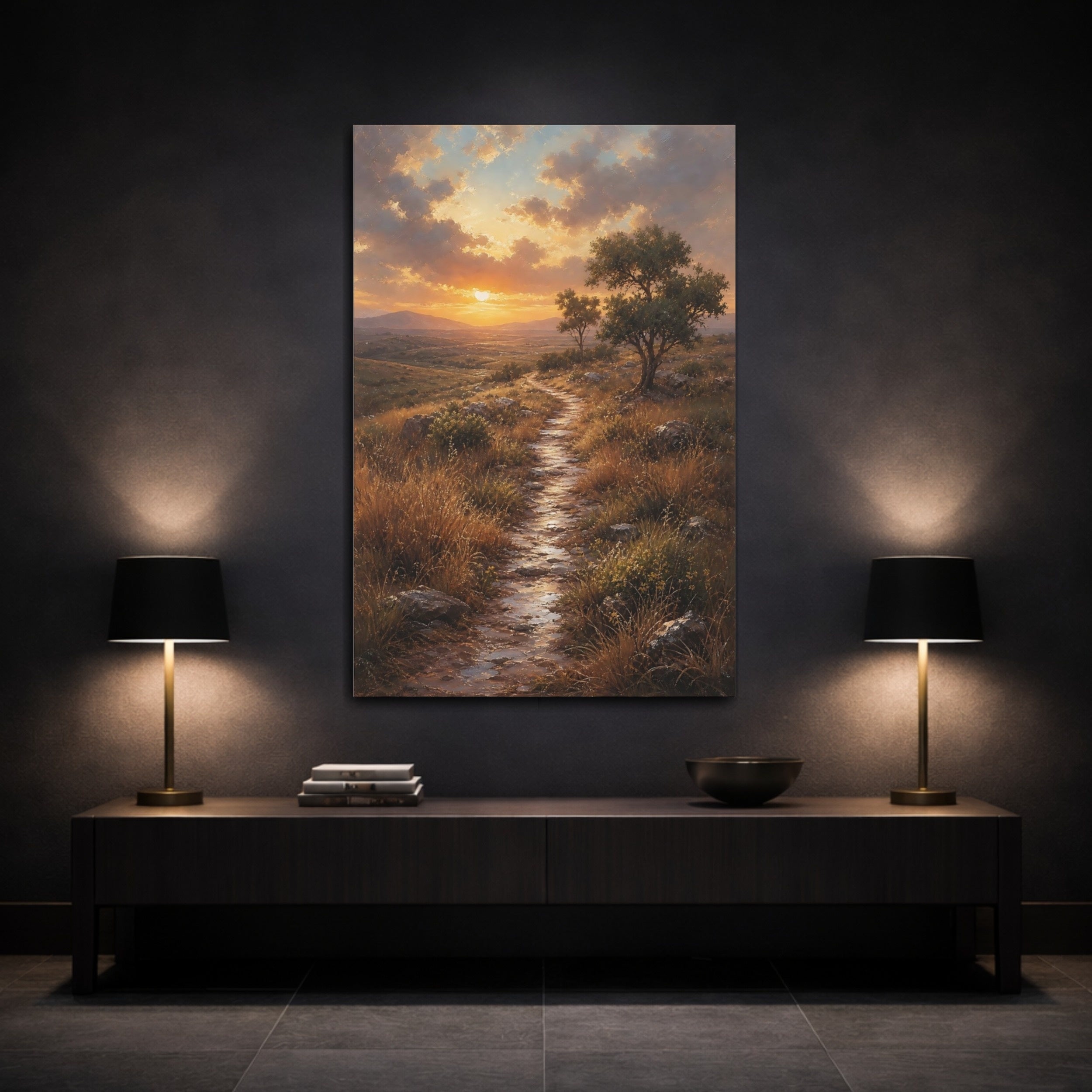 Mockup 3. Nature Sunset Path Golden Sunset Path shown as stretched canvas wall art
