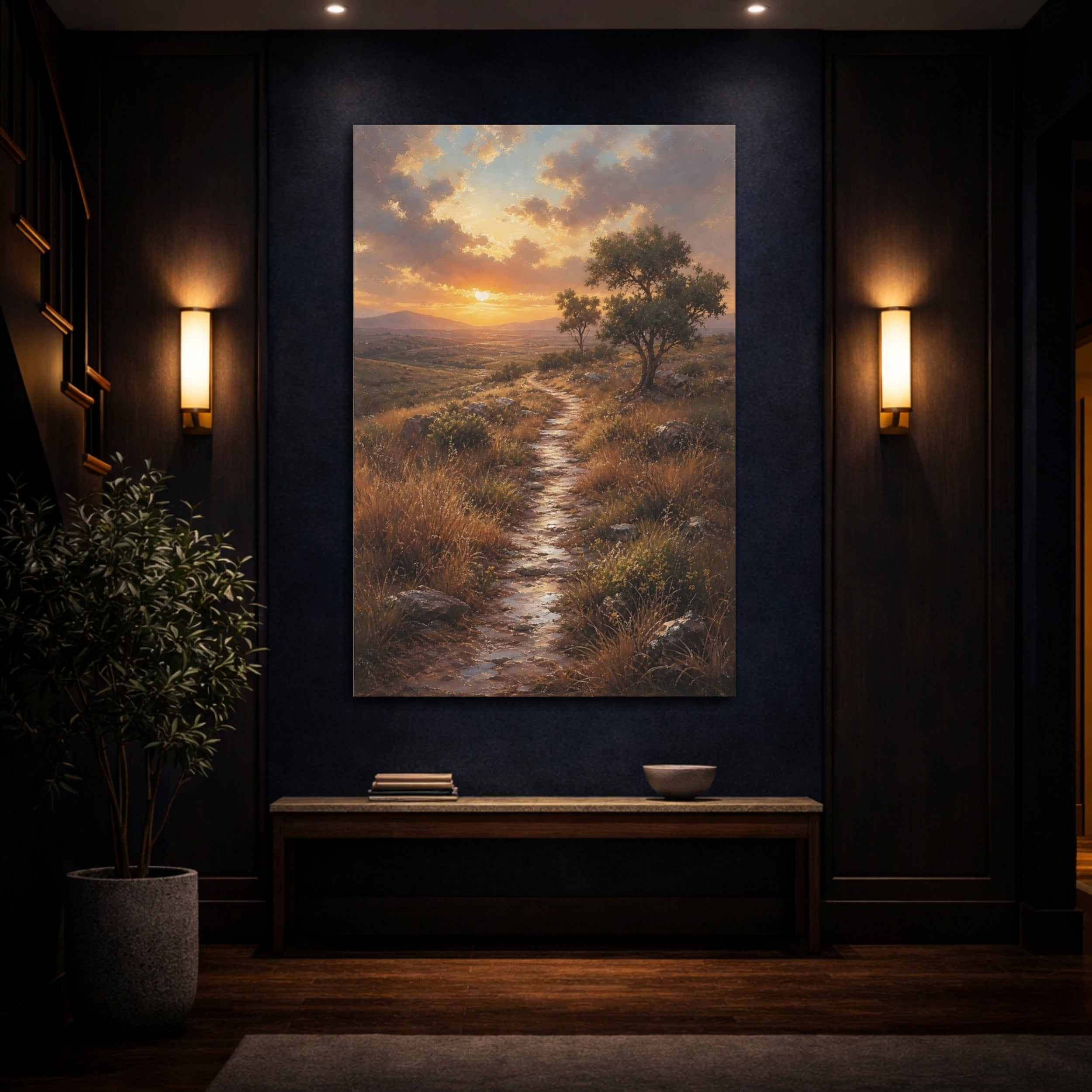 Mockup 4. Nature Sunset Path Golden Sunset Path shown as stretched canvas wall art