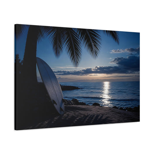 Main Mockup. Nature Surfboard Blue Ocean Sunset shown as canvas print