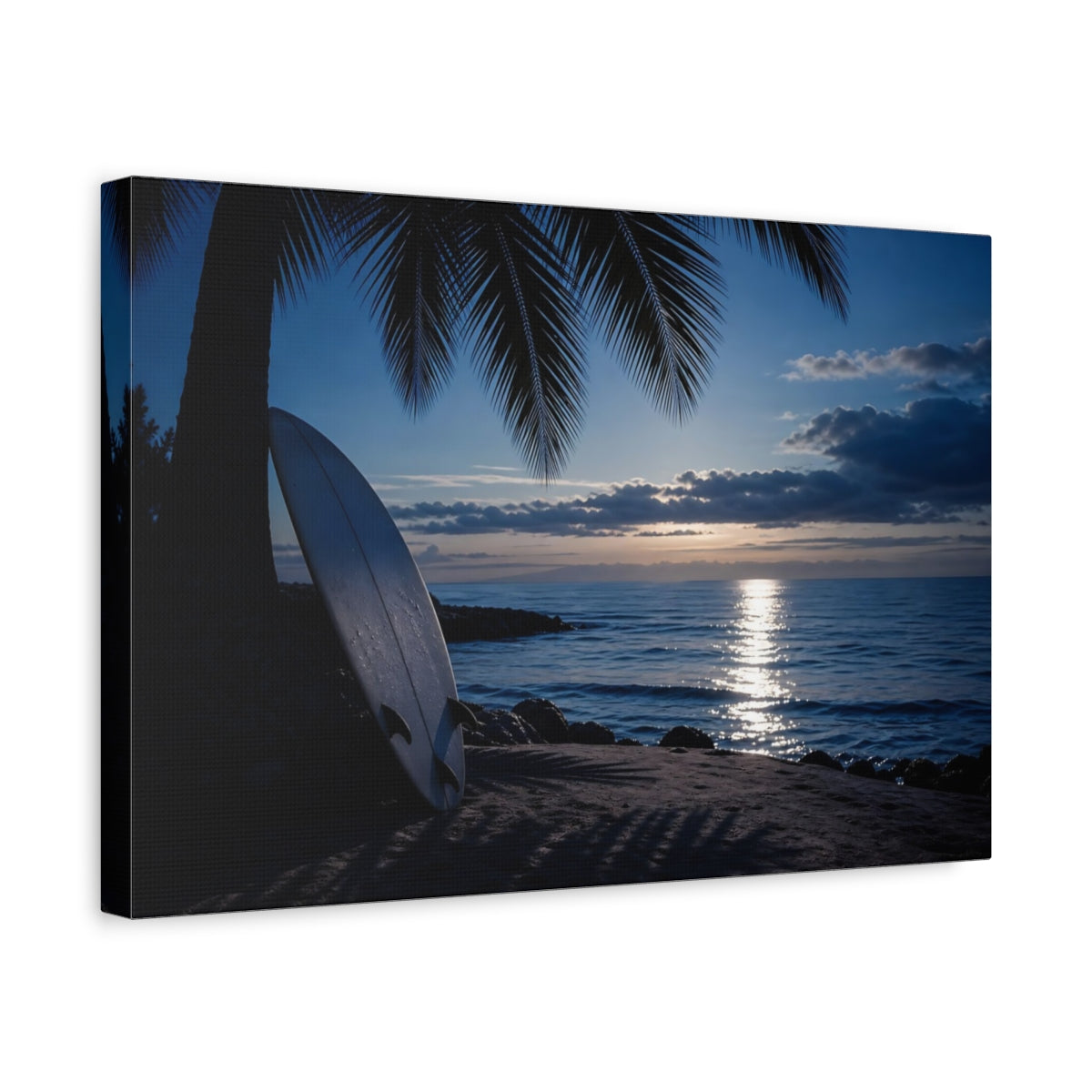 Side Mockup 4. Nature Surfboard Blue Ocean Sunset shown as canvas print
