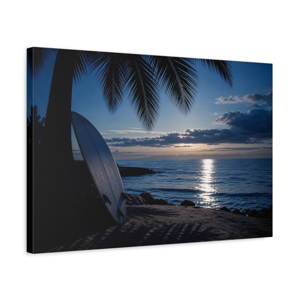 Side Mockup 3. Nature Surfboard Blue Ocean Sunset shown as canvas print