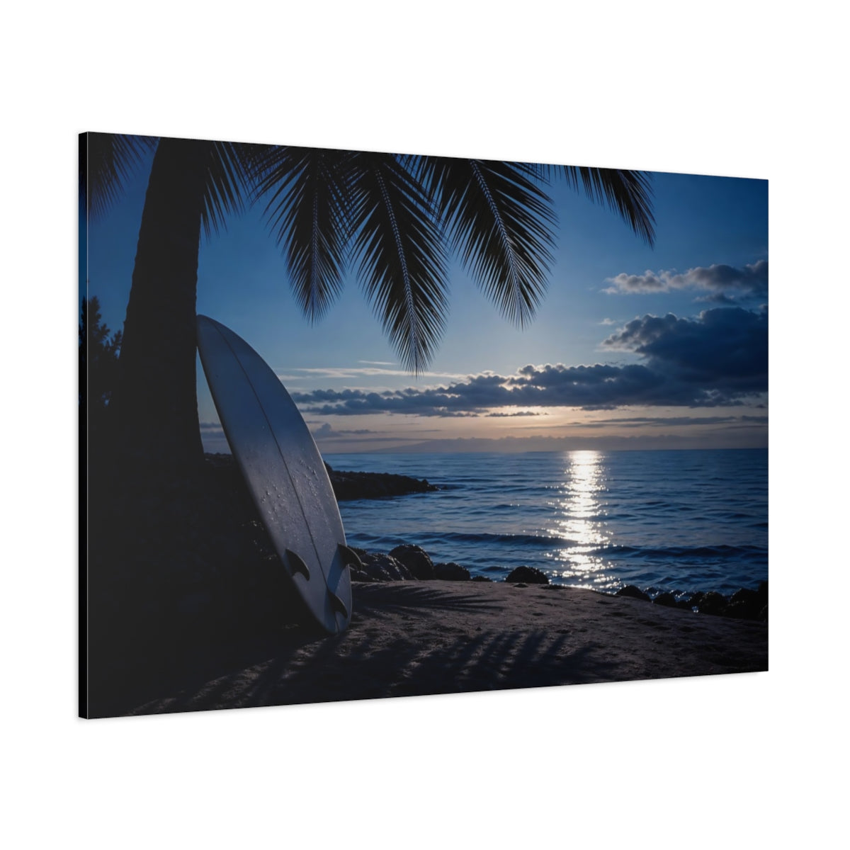 Side Mockup 1. Nature Surfboard Blue Ocean Sunset shown as canvas print