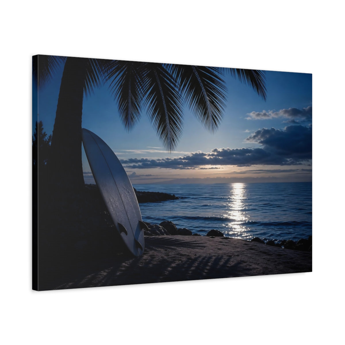 Side Mockup 2. Nature Surfboard Blue Ocean Sunset shown as canvas print