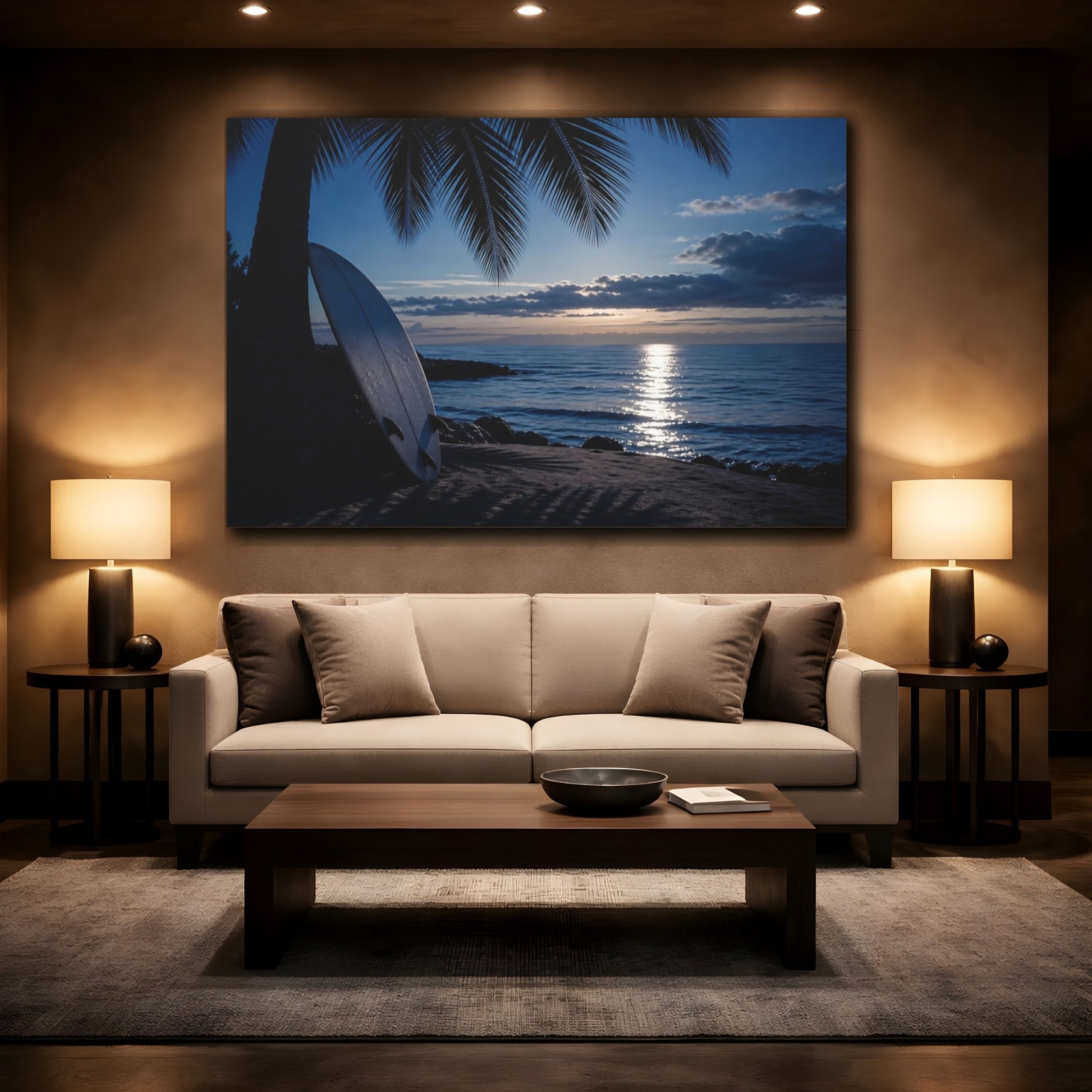 Mockup 2. Nature Surfboard Blue Ocean Sunset shown as canvas print