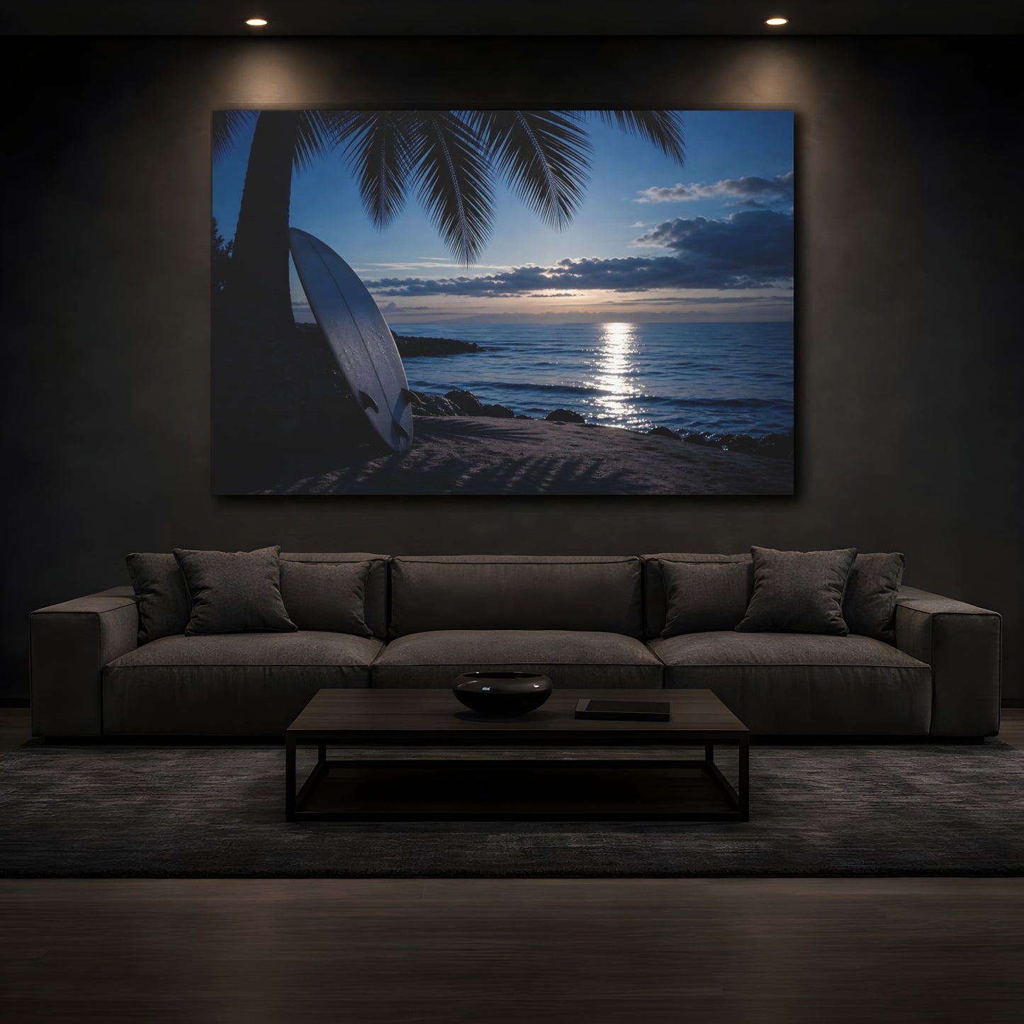Mockup 3. Nature Surfboard Blue Ocean Sunset shown as canvas print
